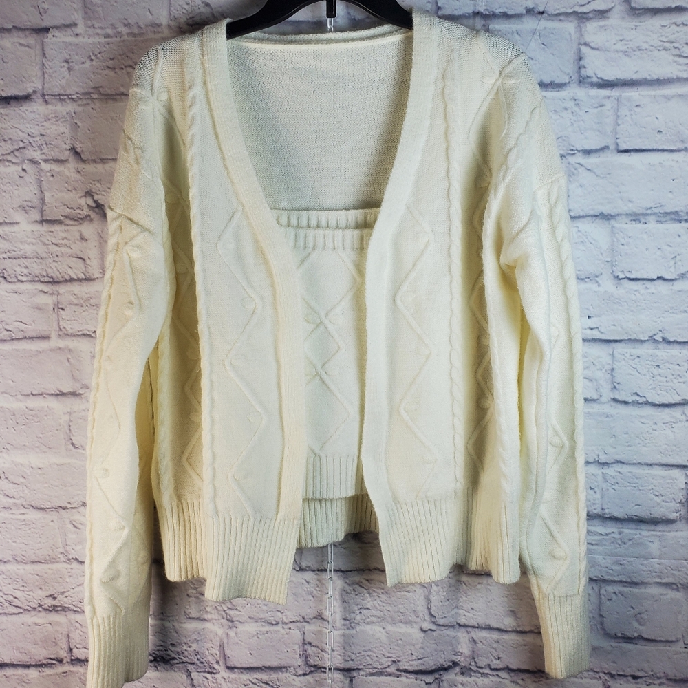 Floral Blooming Cable Knit Cardigan Crop Top Sweater Set 2 Piece, L, Cre…